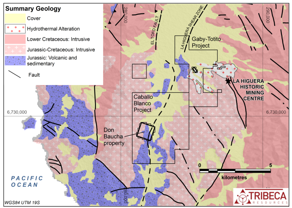 Figure 1: Location of the Don Baucha project licence and summary geology of the La Higuera district (modified after SERNAGEOMIN 1:100,000-scale mapping).